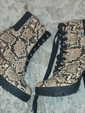 Steve Madden Snake-Print Platform Lace-Up Ankle Boots - Beige